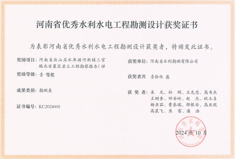 河南省優(yōu)秀水利水電工程勘察設(shè)計(jì)獎(jiǎng)